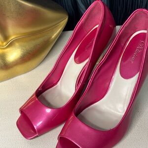 Hot Pink Patent Leather Like Peep-Toe Heels